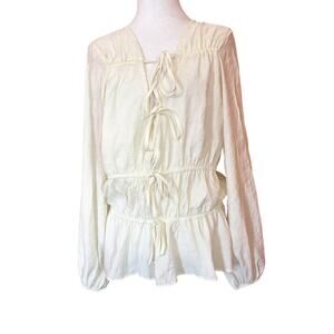 Top Shop Women’s Blouse Sz 8 Peplum Tie Front Deep V Neck Blouson Sleeve Cream
